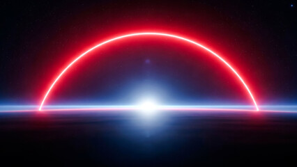 A vibrant red neon ring outlines the curve of the horizon as a brilliant white light erupts from a planets surface, suggesting a cosmic sunrise or an alien event in deep space with a backdrop of