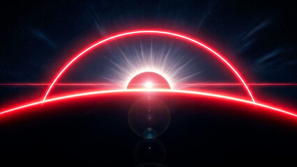 A stunning cosmic scene depicts a dramatic sunrise as a bright, glowing orb emerges from behind a dark planetary horizon. A vivid red atmospheric layer encircles the planet, and a dense field of