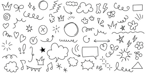 Hand drawn doodle elements vector illustration with speech bubbles, arrows, stars, hearts and decorative lines for business infographic journal set pointing arrow speech bubble line outline.