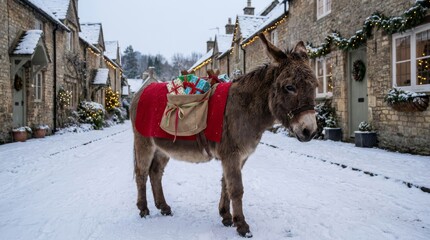 Naklejka premium Donkey Carrying Gifts in Snowy Village - A donkey stands in a snow covered village street carrying a pack filled with colorful gifts. Festive decorations adorn the buildings
