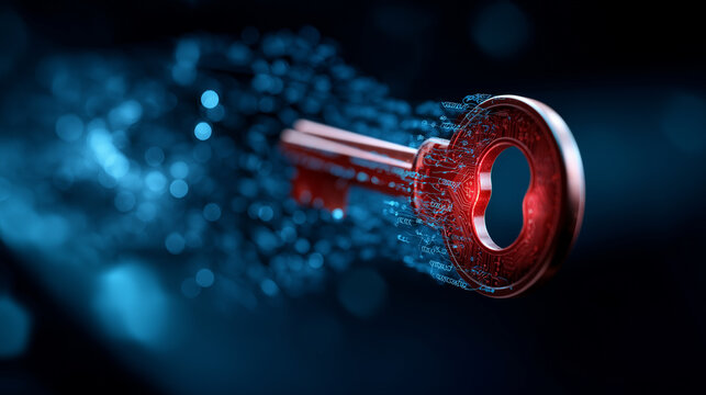 Security hack threats visualization data leaks system display red open key surrounded by blue closed problem solving gap representation ethical hacking concept defocused digit