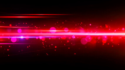 A dynamic abstract background featuring horizontal bright red and pink light streaks, creating a sense of speed and energy. The scene is complemented by a bokeh effect with numerous glowing circles