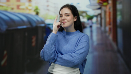 Woman in blue sweater on street gestures idea with thoughtful expression, surrounded by urban outdoor environment, embodying creativity and inspiration in everyday life. © Krakenimages.com