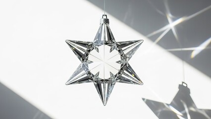 Sparkling crystal six pointed star ornament hangs suspended casting brilliant light refractions on a bright white background