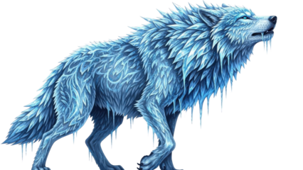 Detailed Fantasy Blue Ice Wolf Illustration isolated PNG with Transparent Background