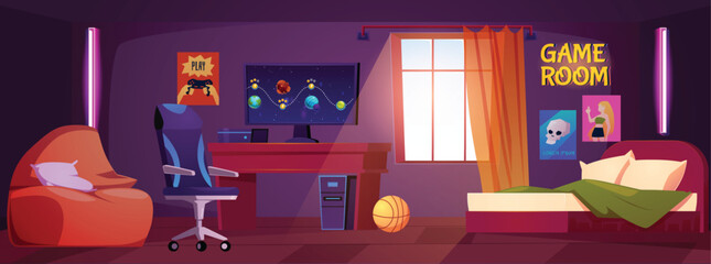 Interior vector design of teenage gamer bedroom with a computer, Game room signboard, play station video games console