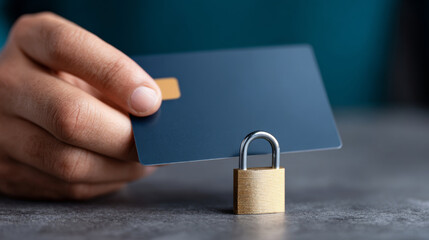 A hand holding a credit card with a padlock on it, symbolizing security and privacy in financial transactions