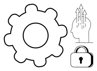 Innovation concept. Innovation ed by gear, human with arrows for ideas, and lock for protection. Innovation drives creativity, problem-solving, and progress. For tech, security and business