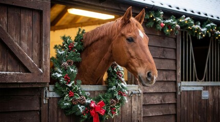 Horse in Stall Festive Wreath - A horse peers out of its stall adorned with a Christmas wreath, symbolizing tradition, warmth, nature, celebration, and anticipation
