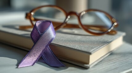 Purple awareness ribbon on book with glasses