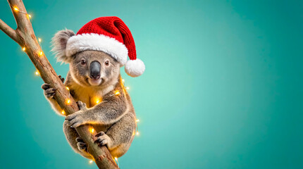 Koala Wearing Christmas Santa Hat Sitting on Eucalyptus Branch  on Empty Teal Background