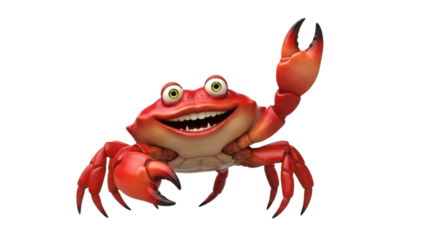 Cheerful Red Cartoon Crab Mascot Character Waving Claw Pincer isolated PNG with Transparent Background