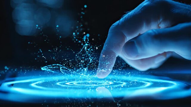 Close up of a finger touching a glowing blue tablet screen in the dark with bokeh background