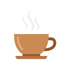 Steaming Brown Coffee Cup with Saucer and Handle, Flat Vector Illustration