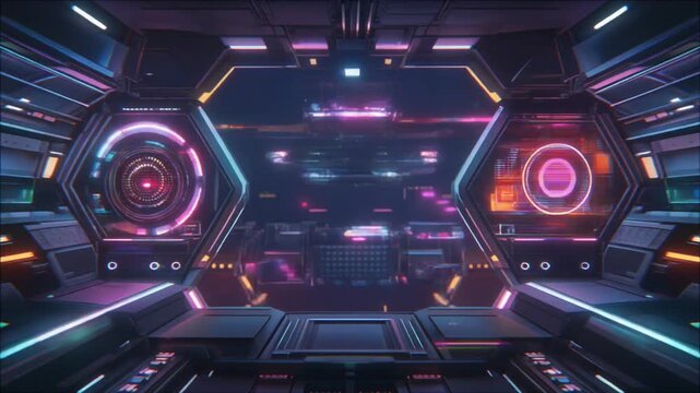 Futuristic Neon Spaceship Cockpit View Traveling Through Abstract Cyber Tunnel with Digital HUD Displays