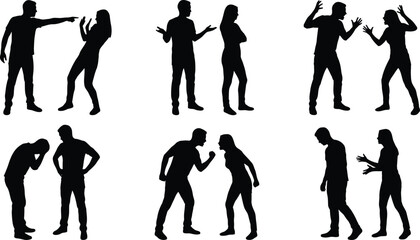 a collection of silhouetted figures depicting various confrontational and expressive body language poses capturing moments of argument and interaction high quality professional detailed modern