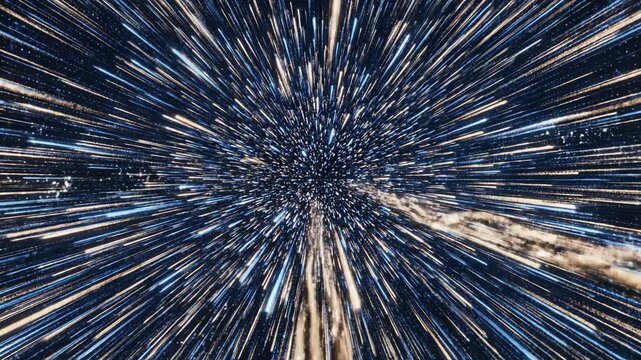 Abstract hyperspace warp speed travel through blue and gold light streaks in deep space