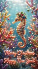 Fototapeta premium Seahorse Christmas Celebration - A festive seahorse adorned with holiday decorations celebrates Christmas and the New Year in an underwater wonderland
