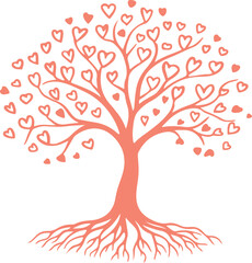 Love Heart Tree Vector Illustration with Romantic Heart Leaves, Valentine Symbol Tree, Family Love Concept, Wedding Decor Art, Romantic Nature Design, Heart Roots Tree Illustration
