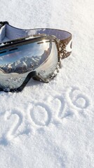Ski Goggles and Future Year in Snow - Ski goggles laying on snow with the numbers 2026 etched in. Reflection of mountains in the lens
