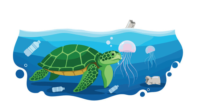 Green sea turtle swimming in ocean with plastic pollution and jellyfish around it in the water