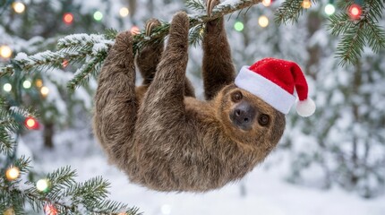 Naklejka premium Sloth Hanging Tree Branch Christmas - A sloth wearing a Santa hat hangs from a snow-covered branch, symbolizing holiday cheer, relaxation, nature, winter, and slow paced living