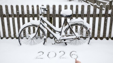 Snow Covered Bicycle November 2025 - A bicycle is covered in snow symbolizing stillness, winter, cold, peace, and the end of a journey. The year 2026 is written in the snow, hinting at a future date