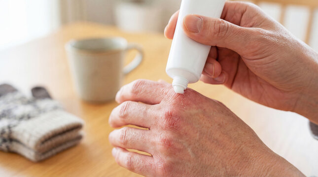 Closeup of frostbitten fingers applying cream for cold skin treatment