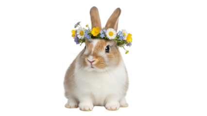 Adorable brown and white rabbit wearing a colorful spring wildflower crown isolated PNG with Transparent Background