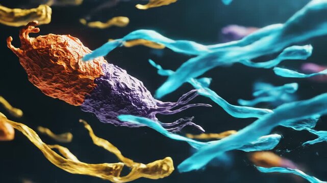 3d rendering of two merging or interacting cells, one purple and one orange, with pseudopods against dark background