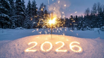 Sparkling New Year Celebration 2026 - Sparkler illuminating '2026' in snow, symbolizing hope, new beginnings, celebration, future, and joy