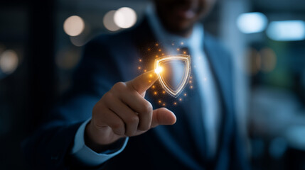 Metaverse cybersecurity cybercrime visualization faceless businessman interface crypto currency protection digital network technology virus attack shield defocused digital dis