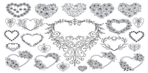 Naklejka premium Valentine Floral Heart Frames and valentine Decorative Love Wreaths Set