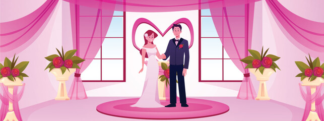 Naklejka premium Illustration of groom with bride in the center of the hall decorated with flowers and pink fabric.