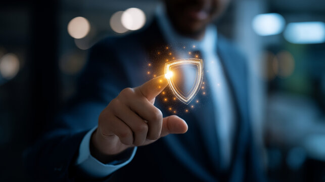 Metaverse cybersecurity cybercrime visualization faceless businessman interface crypto currency protection digital network technology virus attack shield defocused digital dis - Powered by Adobe