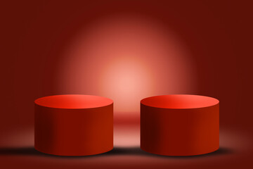 Two red cylindrical podiums illuminated by a warm spotlight, suitable for presenting products, cosmetics, technology items, and promotional marketing visuals.