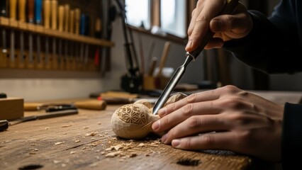 hands performing detailed geometric pattern wood carving with a sharp chisel in a dusty workshop, for woodworking manuals, craft blogs, artisanal product advertising