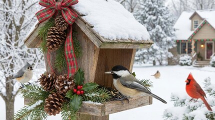 Winter Bird Feeder Decoration - A bird feeder decorated with a Christmas ribbon, pinecones, and winter greens, with birds around it and a house in the background in a snowy winter scene