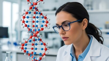 A focused female scientist analyzing data next to a large dna model in a lab