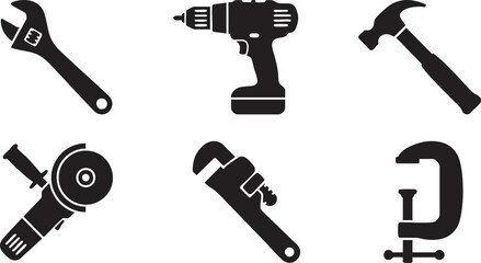 Black silhouette icons of six different hand and power tools arranged in two rows wrench adjustable
