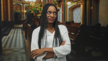 Woman with arms crossed and braided hair wearing white blouse in ornate building interior with...