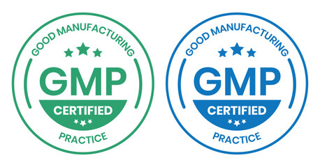 GMP Certified logo. Good Manufacturing Practice Certified Set Badge, Stamp, Icon, Seal, Label, Tag, Emblem For CBD Label Oil and Packaging Design. Vector Illustration