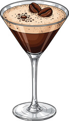 Elegant espresso martini cocktail illustration in a classic glass with coffee beans and frothy foam for drink design