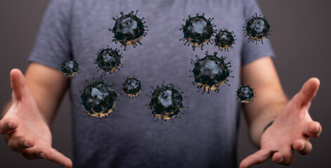 Conceptual image of person holding a collection of virus particles, depicting disease outbreak and spread. Sym