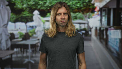 Man with long blond hair stands upright on a bustling sunlit street with leafy trees  quiet introspection. © Krakenimages.com