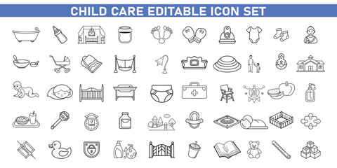 Child Care Editable Icon Set – Kids, Parenting, Education and Safety Line Symbols