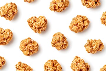 Golden-brown granola clusters, rich in detail, perfectly arranged on a bright white background, sharp focus for an organic snack advertisement.