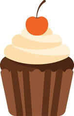 Delicious chocolate cupcake with creamy vanilla frosting and cherry on top, perfect for bakery menus, dessert branding, and packaging