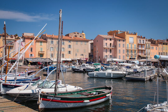 FRANCE, SAN-TROPEZ-JULY 19, 2019: Port of Saint-Tropez on sunny summer day