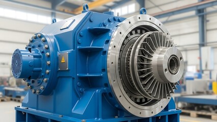Heavy duty industrial machinery, possibly a gearbox or compressor, with a prominent impeller rotor